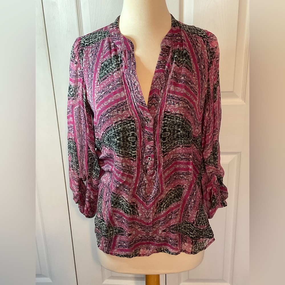 Diane Von Furstenberg Semi Sheer Pink Black Top Blouse Size 6